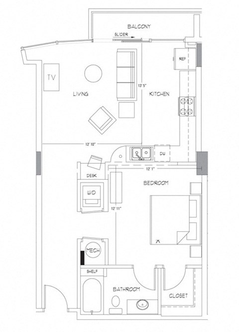 Floor plan for 1 bed, 1 bath, 763 sqft